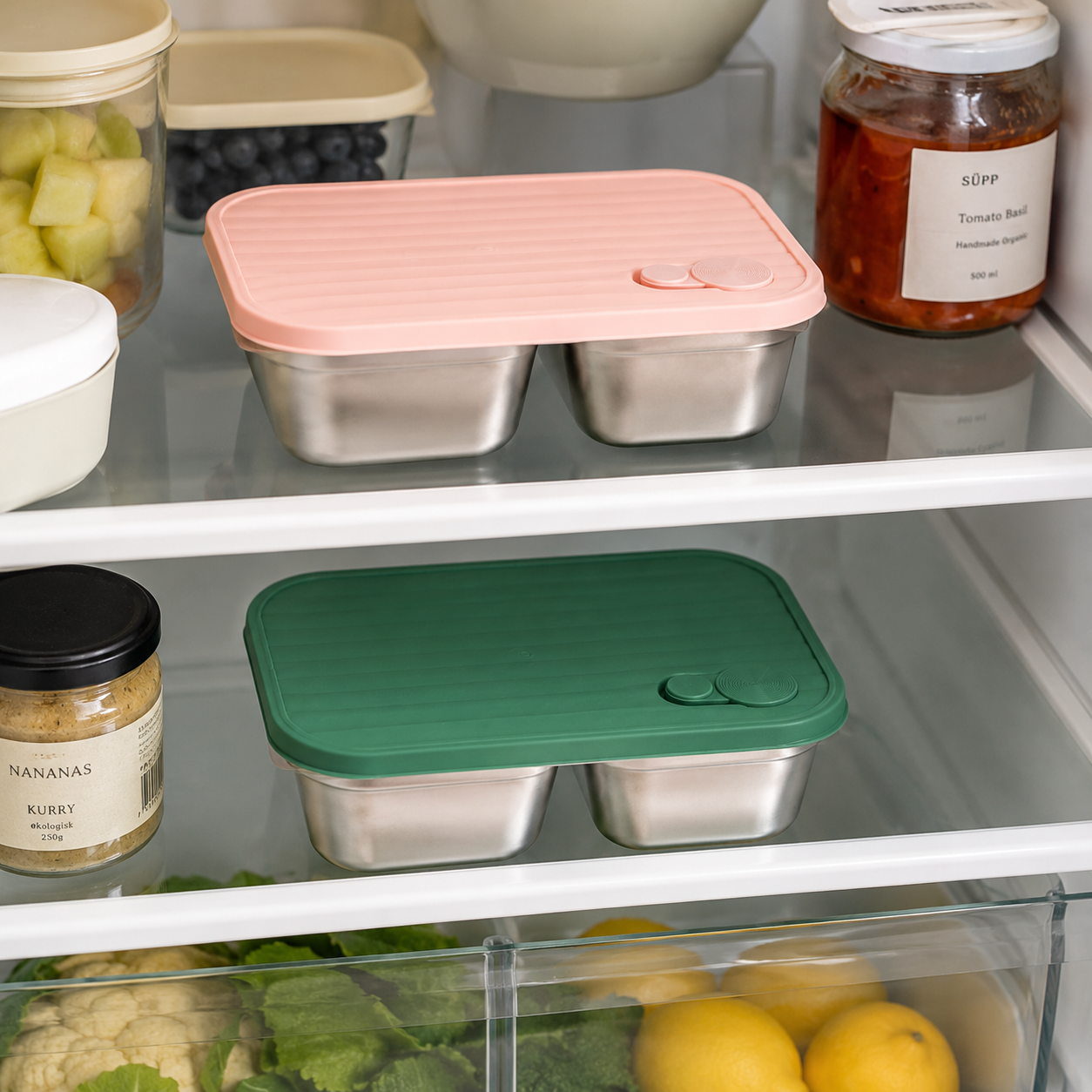 Refrigerator shelves with food containers and jars