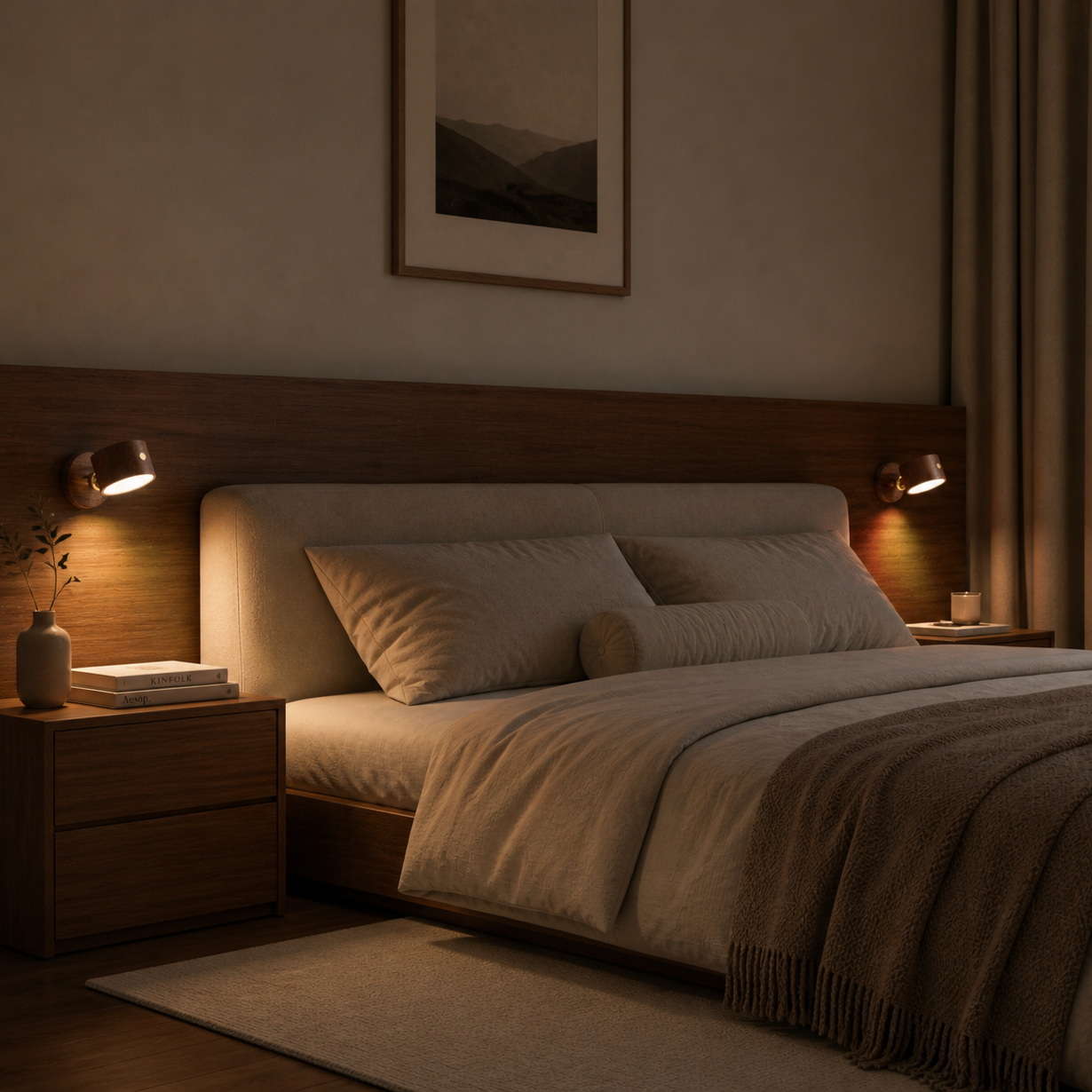 Cozy bedroom with a bed, nightstands, and wall lights in warm tones.