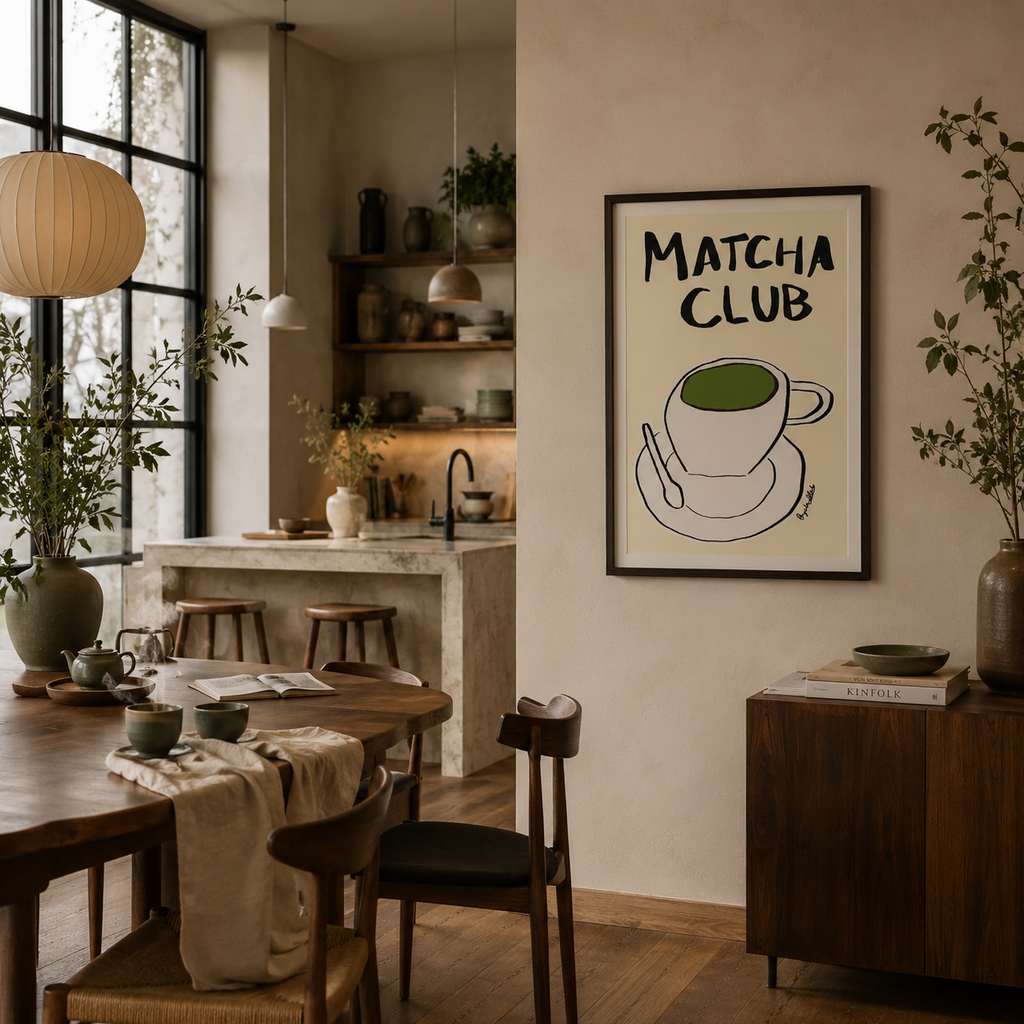 Dining area with a 'Matcha Club' poster on the wall, wooden furniture, and plants.