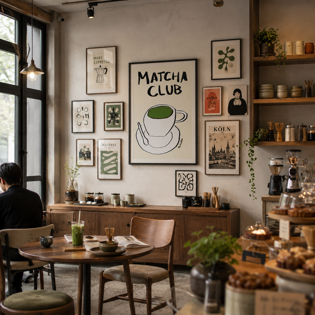 Interior of a cozy cafe with 'Matcha Club' sign and various decor elements.