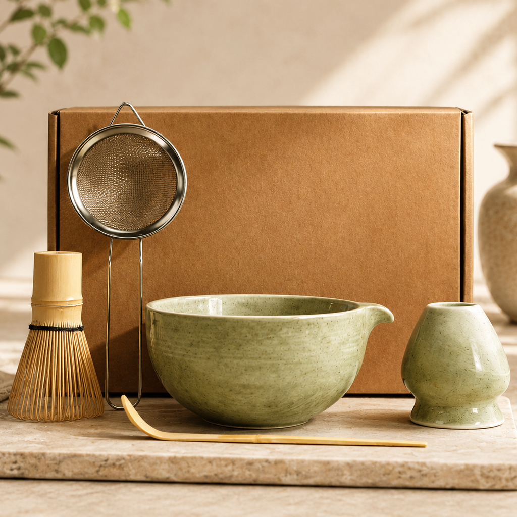 Tea-making set with green bowl, whisk, and other tools on a wooden surface.