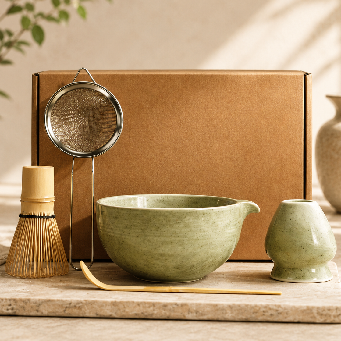 Tea-making set with green bowl, whisk, and other tools on a wooden surface.