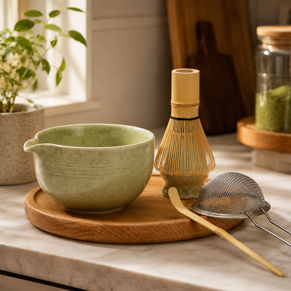 Tea-making set with a green bowl, whisk, and other tools on a marble surface.