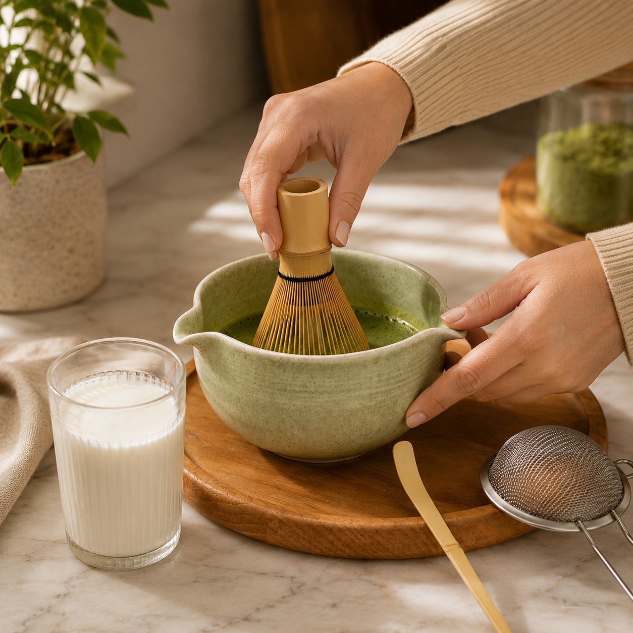 Person making matcha tea with a green bowl and whisk on a wooden tray.