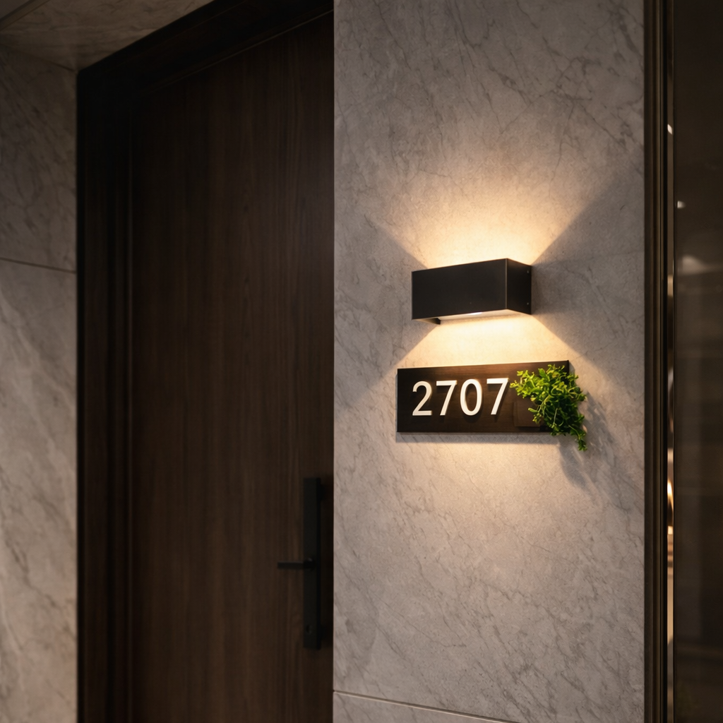 Black wall lamp over the apartment number in a nice apartment complex.
