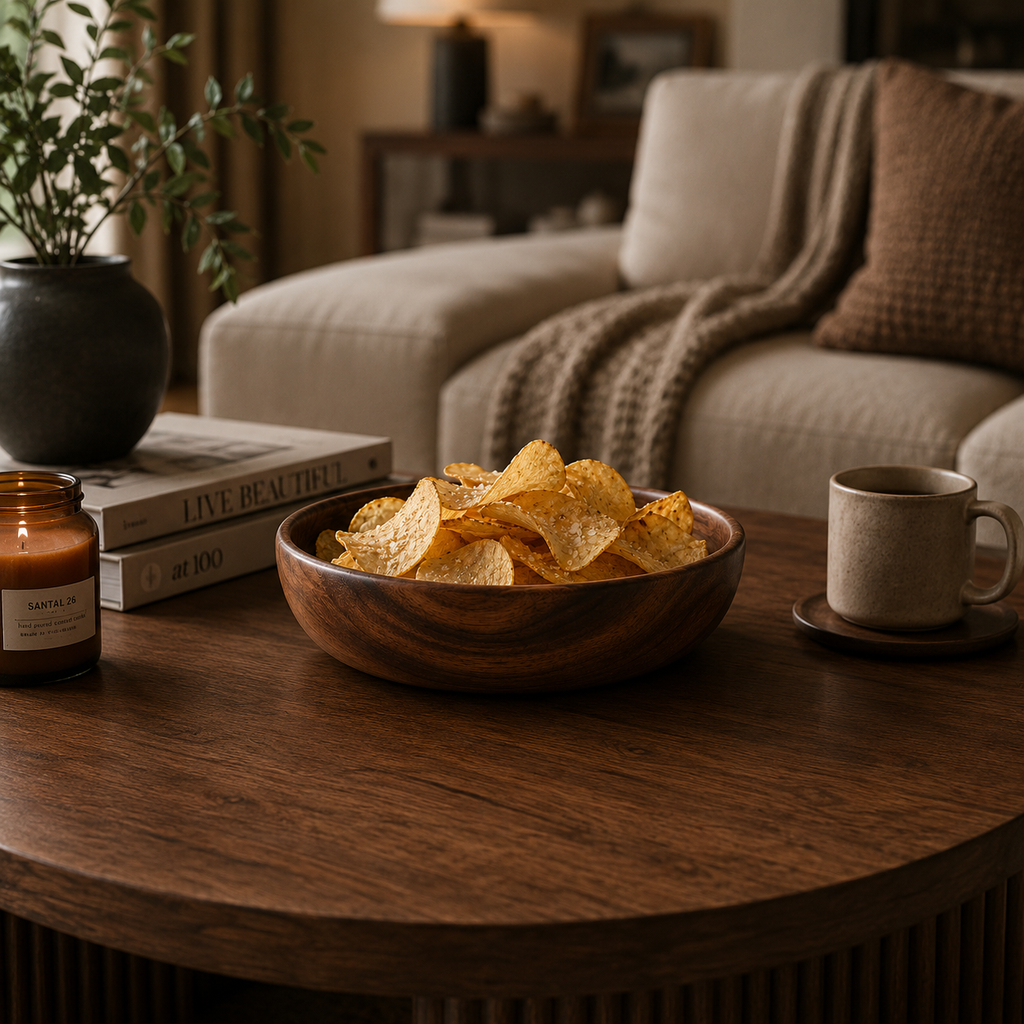Solid Wood Serving Bowl in  Natural Walnut with potato chips in it in a cozy living room. 