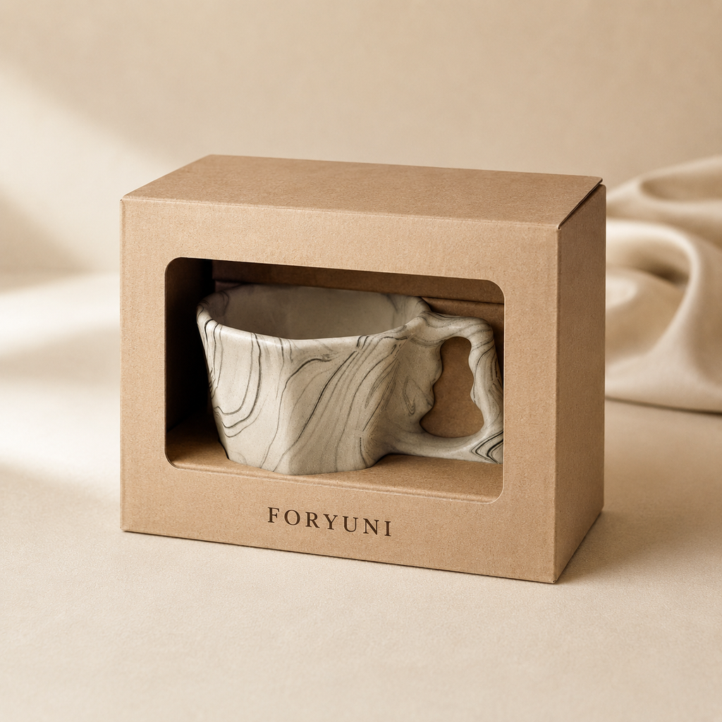 Octagonal ceramic coffee mug presented in premium FORYUNI gift packaging.