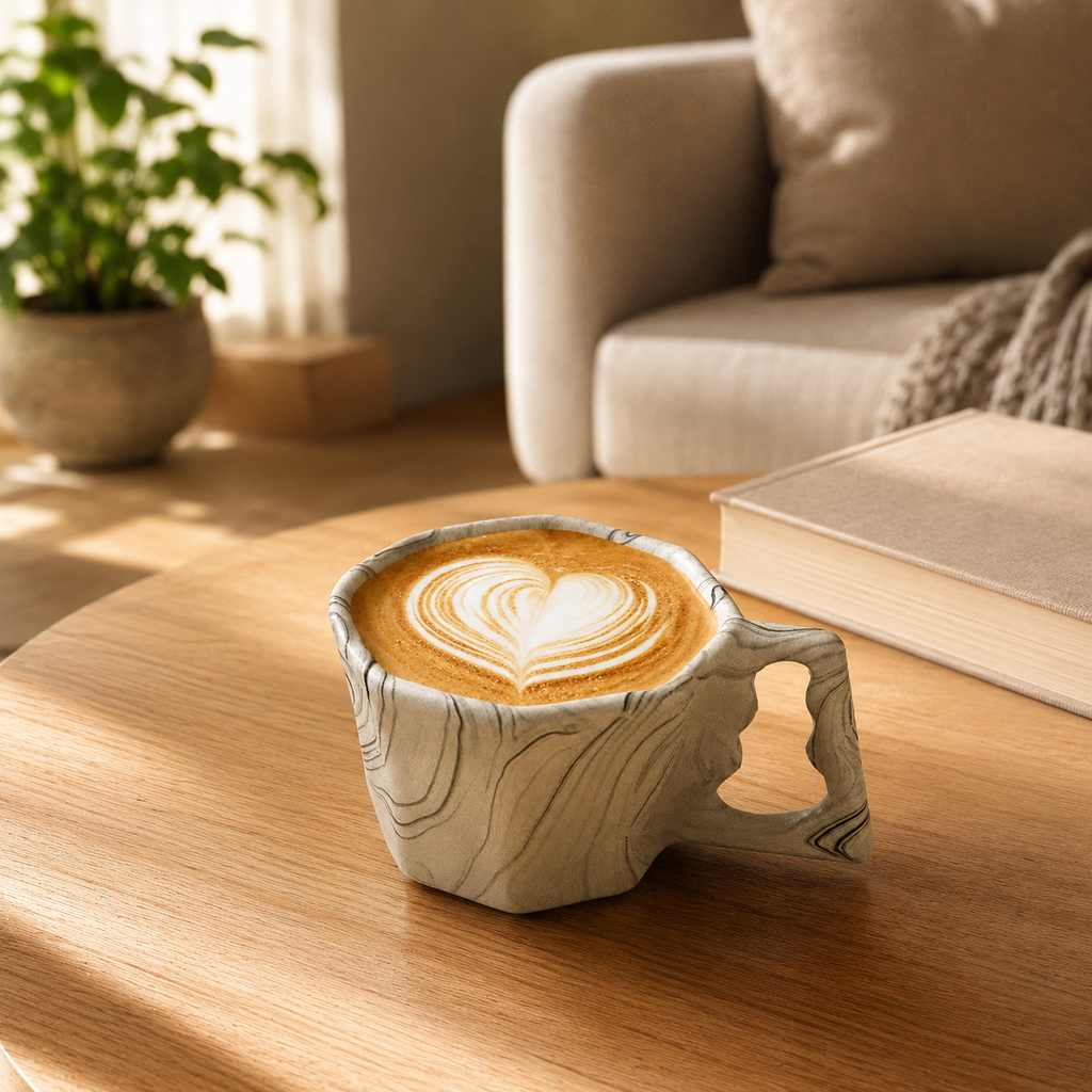 Octagonal ceramic coffee mug with Heart art on a wooden coffee table.