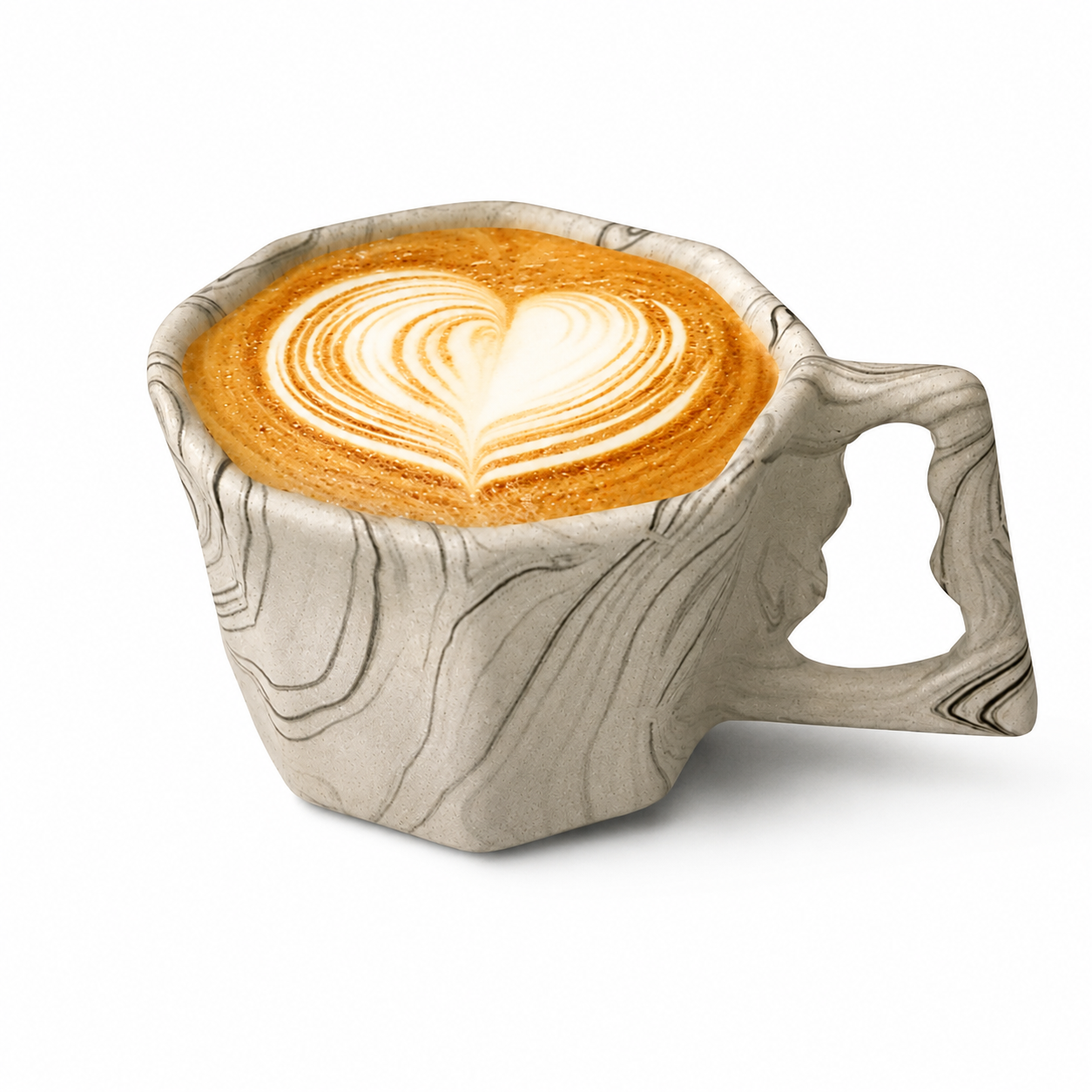 Octagonal ceramic coffee mug with latte art isolated on a white background