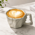 Modern octagonal ceramic latte mug with heart latte art.