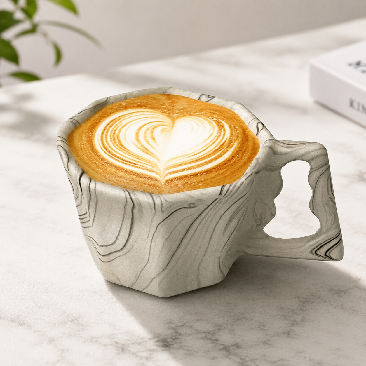 Modern octagonal ceramic latte mug with heart latte art.