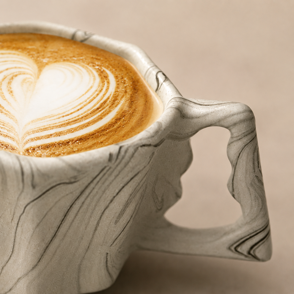 Macro detail of the sculpted handle and texture of an octagonal ceramic mug