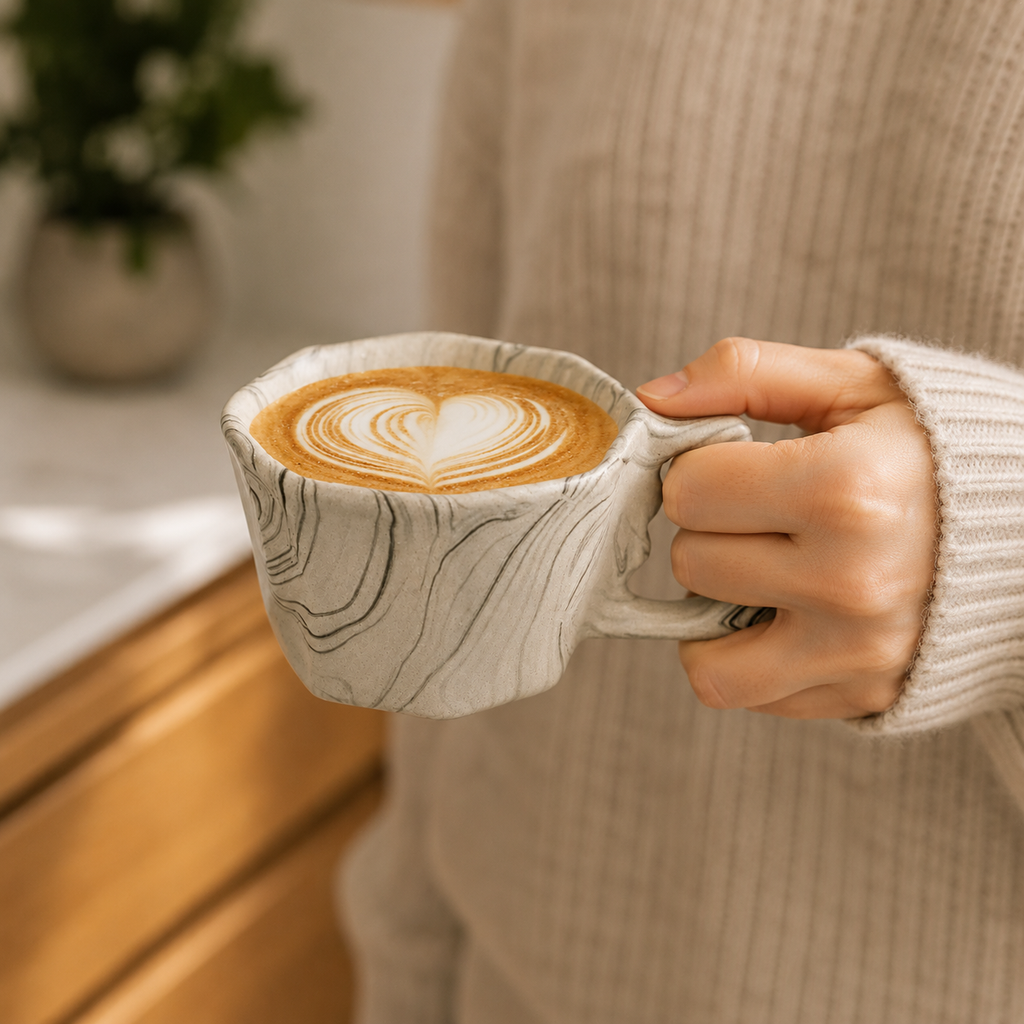 Person holding an octagonal ceramic coffee mug filled with latte art