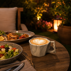Octagonal ceramic coffee mug with latte art on an outdoor dining table