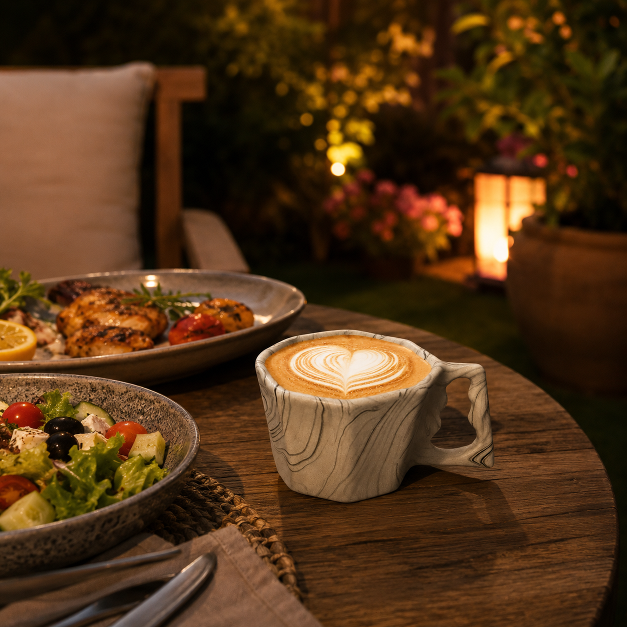 Octagonal ceramic coffee mug with latte art on an outdoor dining table