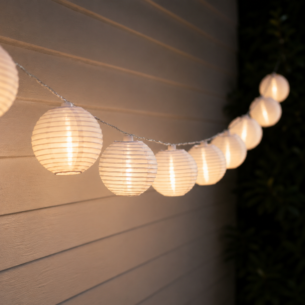 String of round paper lantern lights against a neutral wall.