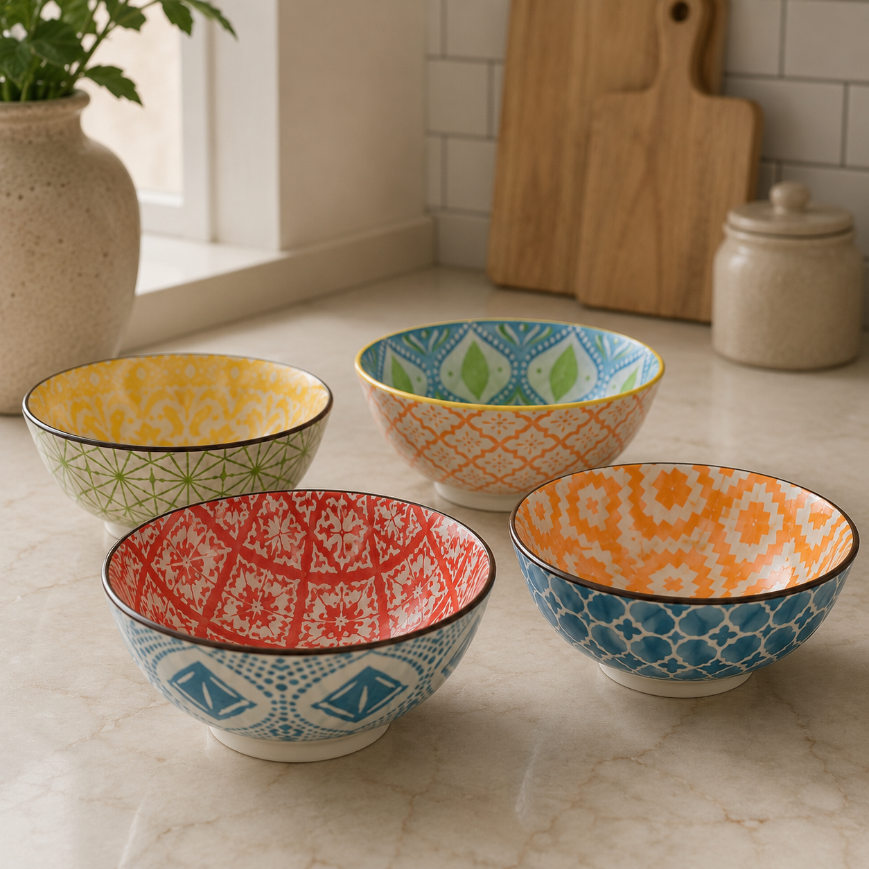 Set of colorful patterned bowls on a kitchen counter