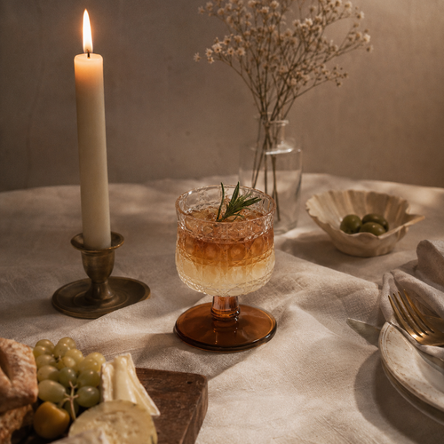 Dinner table setting with a cocktail, candle, and appetizers on a neutral background
