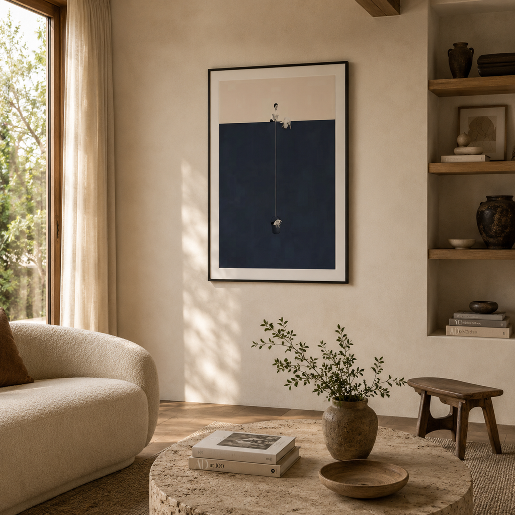 Woman Pulling Pig in a Bucket frame – Art Print Unframed Foryuni in a nice homey living room