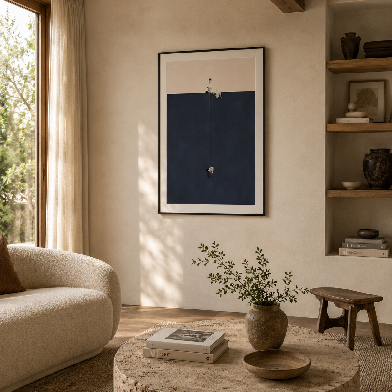 Woman Pulling Pig in a Bucket frame – Art Print Unframed Foryuni in a nice homey living room
