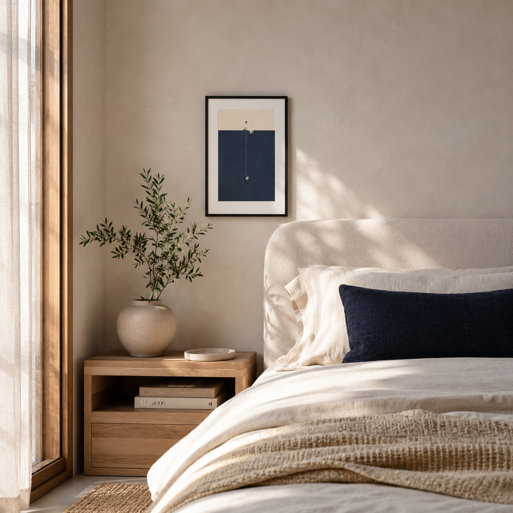 Modern bedroom with natural light and plant with a nice cool poster on the wall in blue colors. 