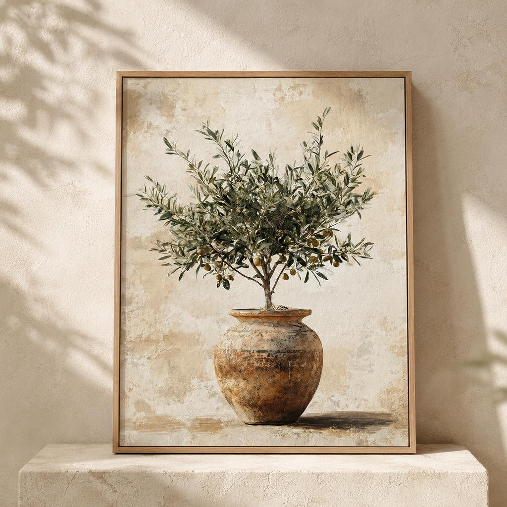 Framed artwork of a potted plant on a neutral background