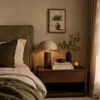 Cozy bedroom with a bed, nightstand, lamp, and decorative items.