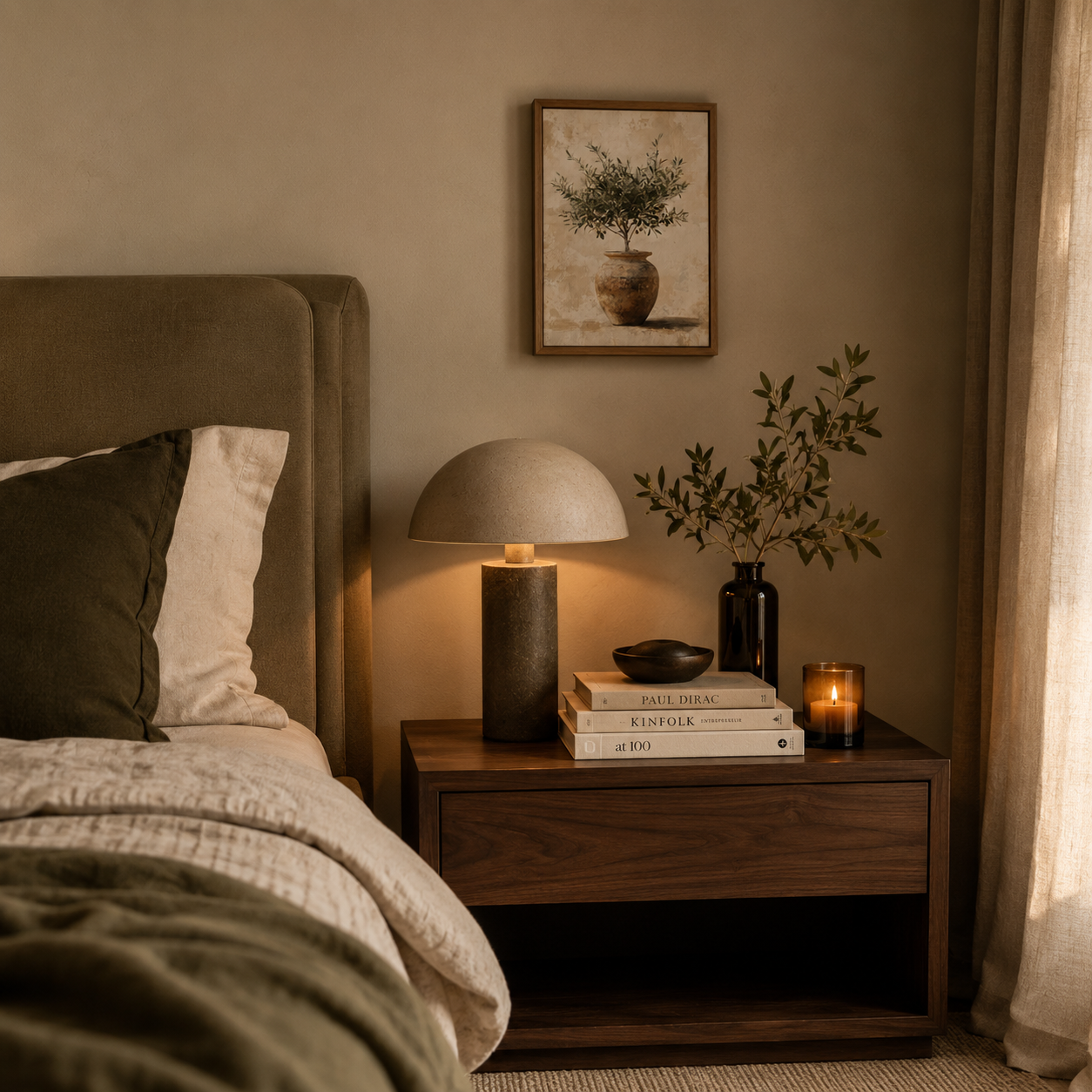 Cozy bedroom with a bed, nightstand, lamp, and decorative items.