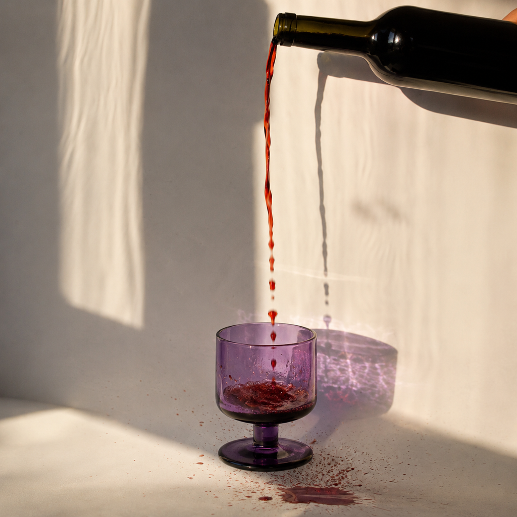Red wine being poured into a purple glass with a bottle in the background.