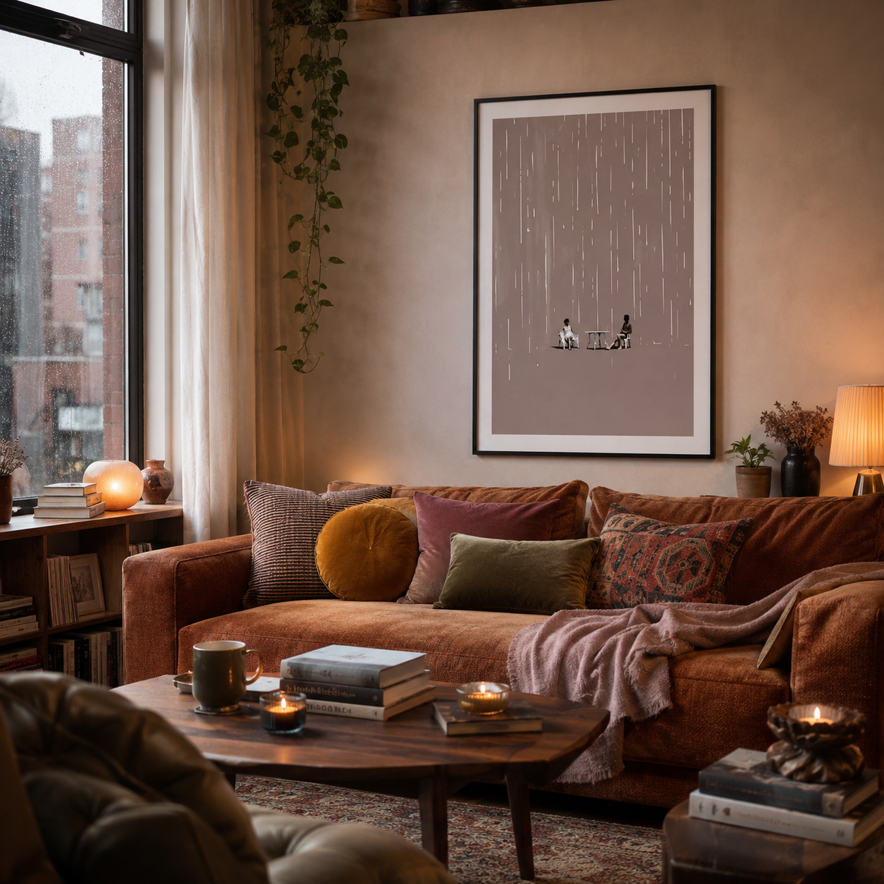 Cozy living room with brown sofa, coffee table, and framed artwork on wall.