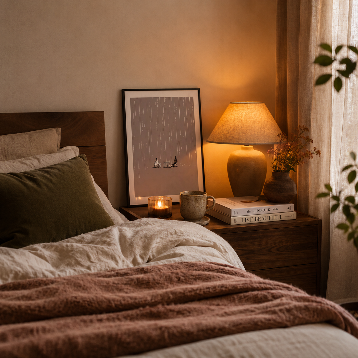 Cozy bedroom with bed, nightstand, lamp, and decor items.