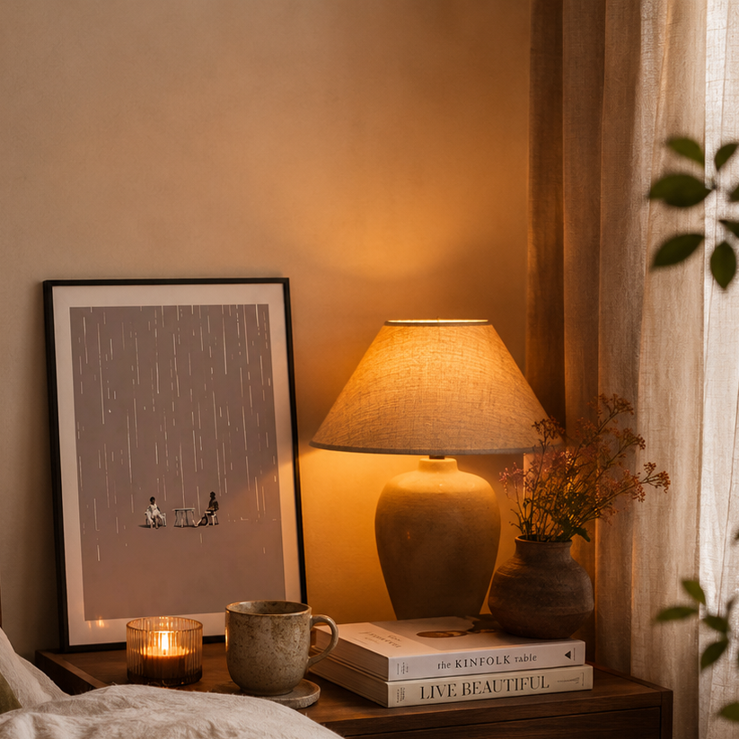 Cozy bedroom with bed, nightstand, lamp, and printed art items.