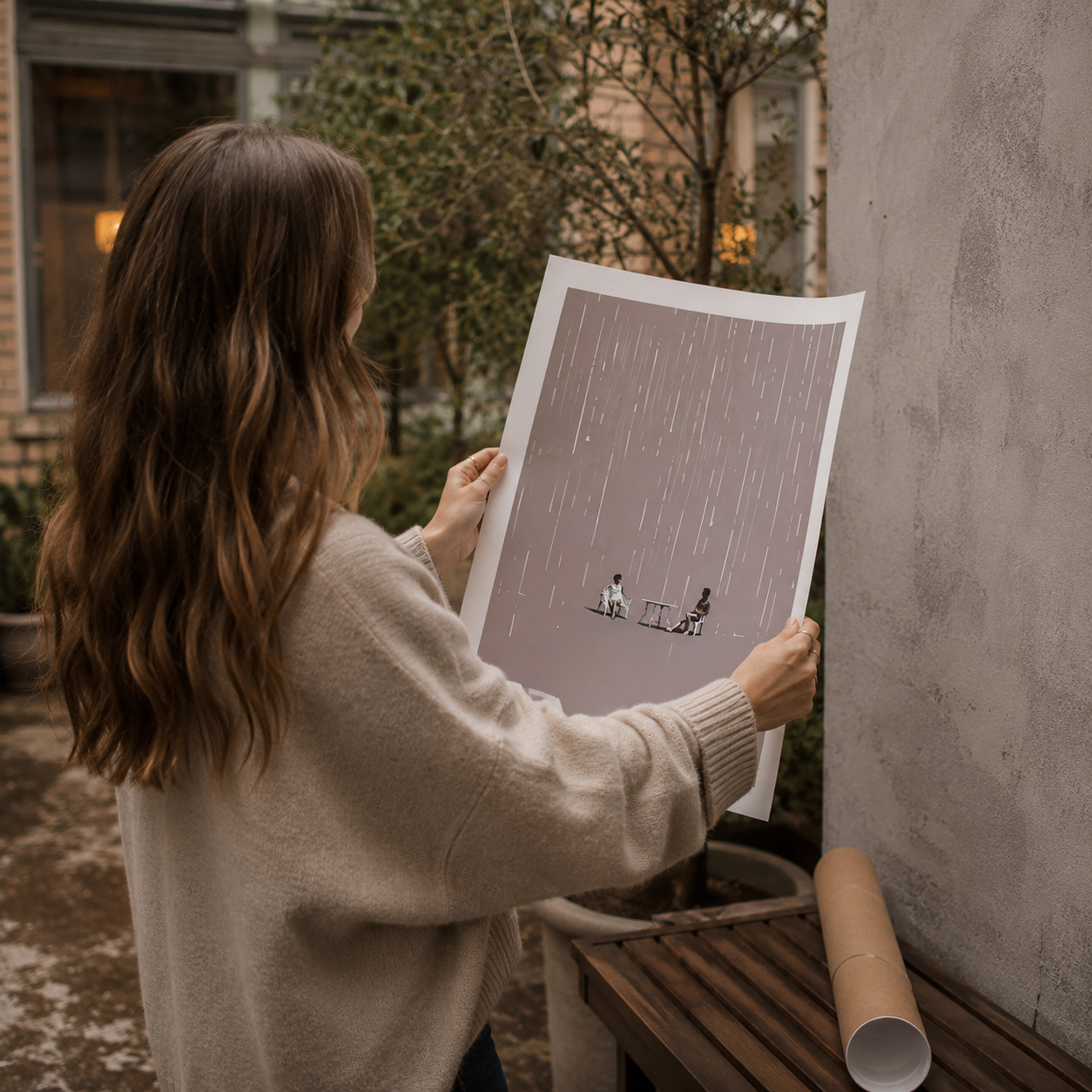 Woman holding a print of a couple sitting on a bench in the rain, standing against a wall outdoors.
