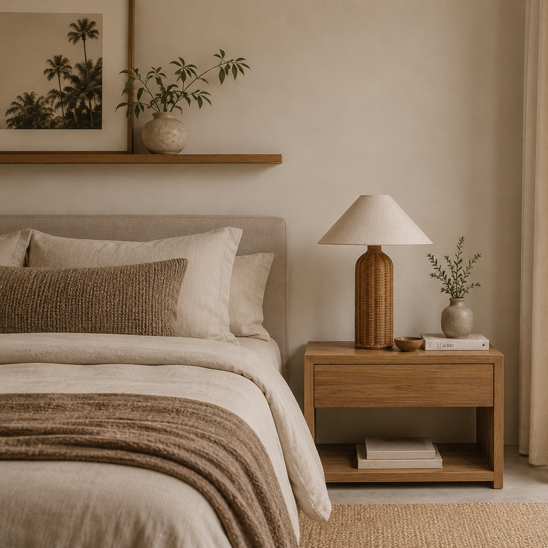 Cozy bedroom with wooden nightstand, lamp, and decor