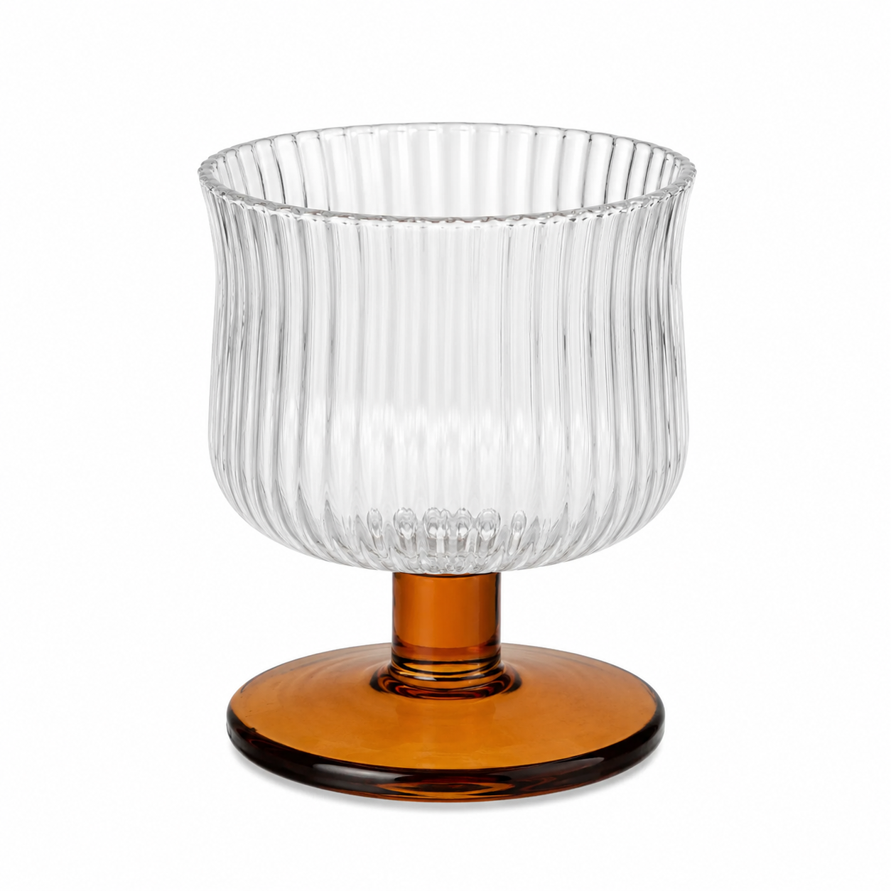 Clear glass bowl with ribbed design and amber base on a white background