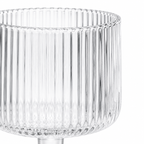 Clear glass vase with ribbed design on a white background