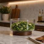 Clear Glass Serving Bowl with Walnut Wood Stand with a nice arugular salad in a modern kitchen. 