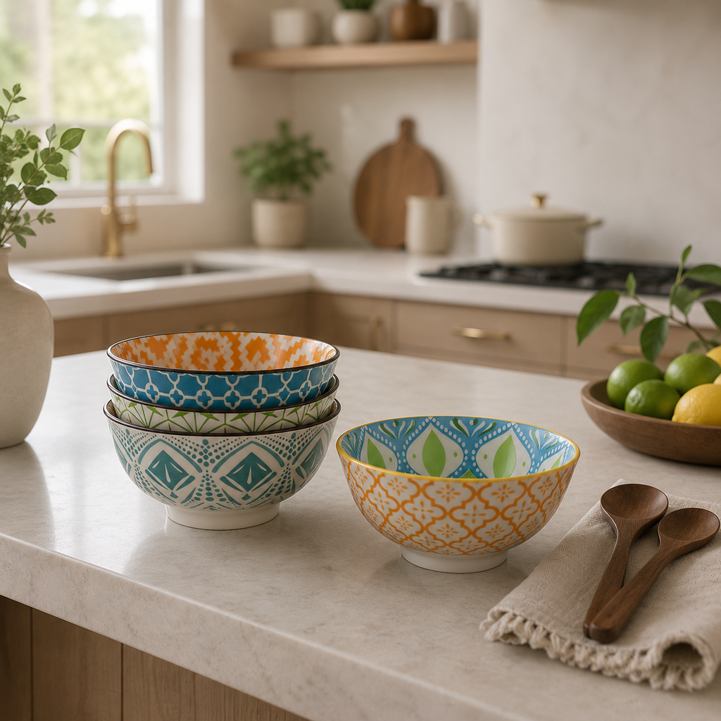 Patterned Ceramic Bowl Set – Set of 4 Foryuni in a nice modern homey kitchen. 