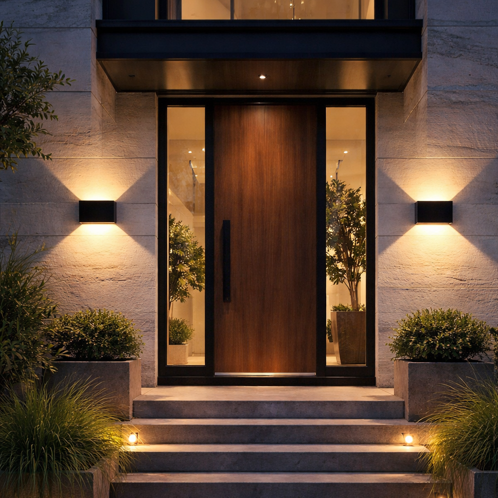 Modern entrance with wooden door, steps, and decorative lighting