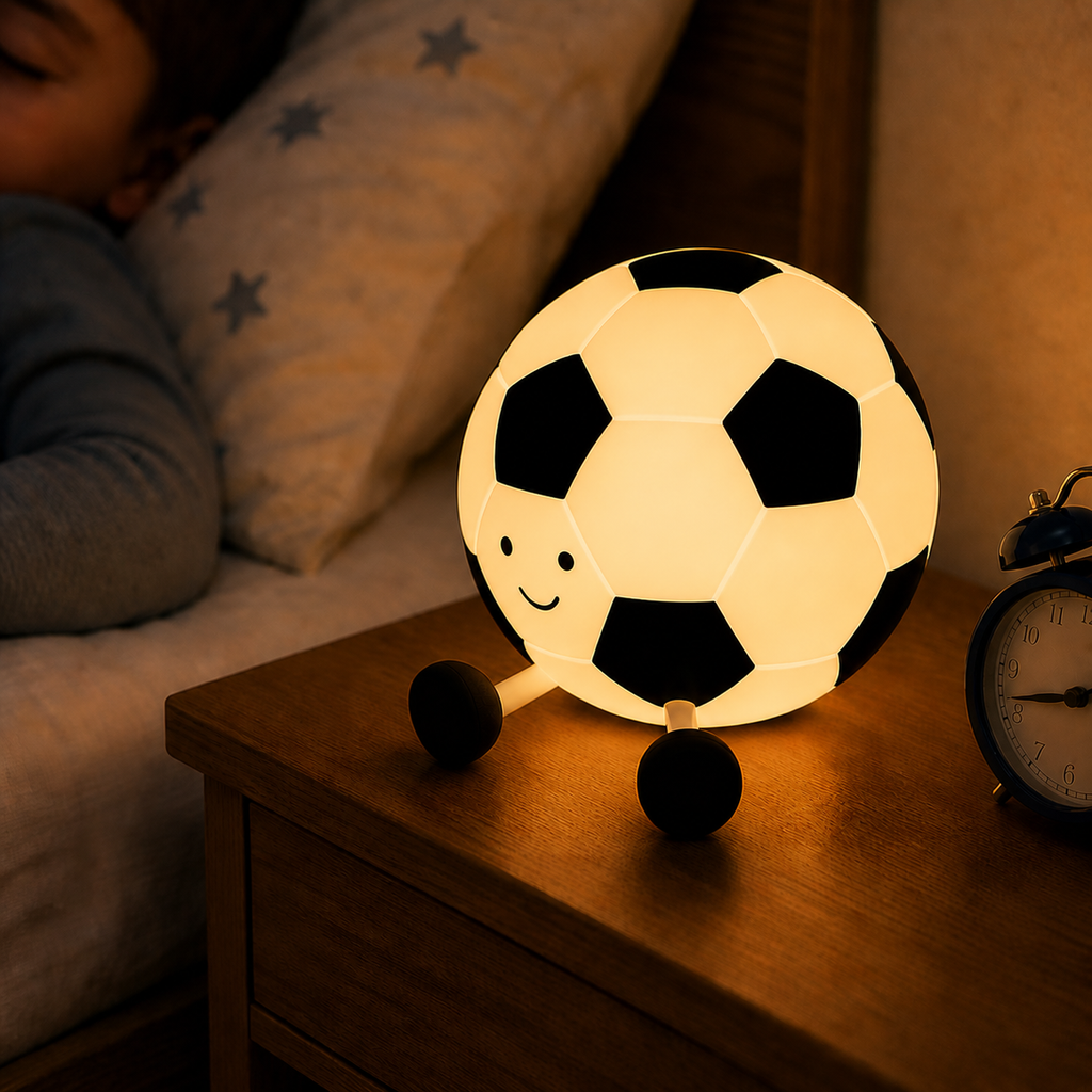 Small soccer lamp on a nightstand next to a boy.