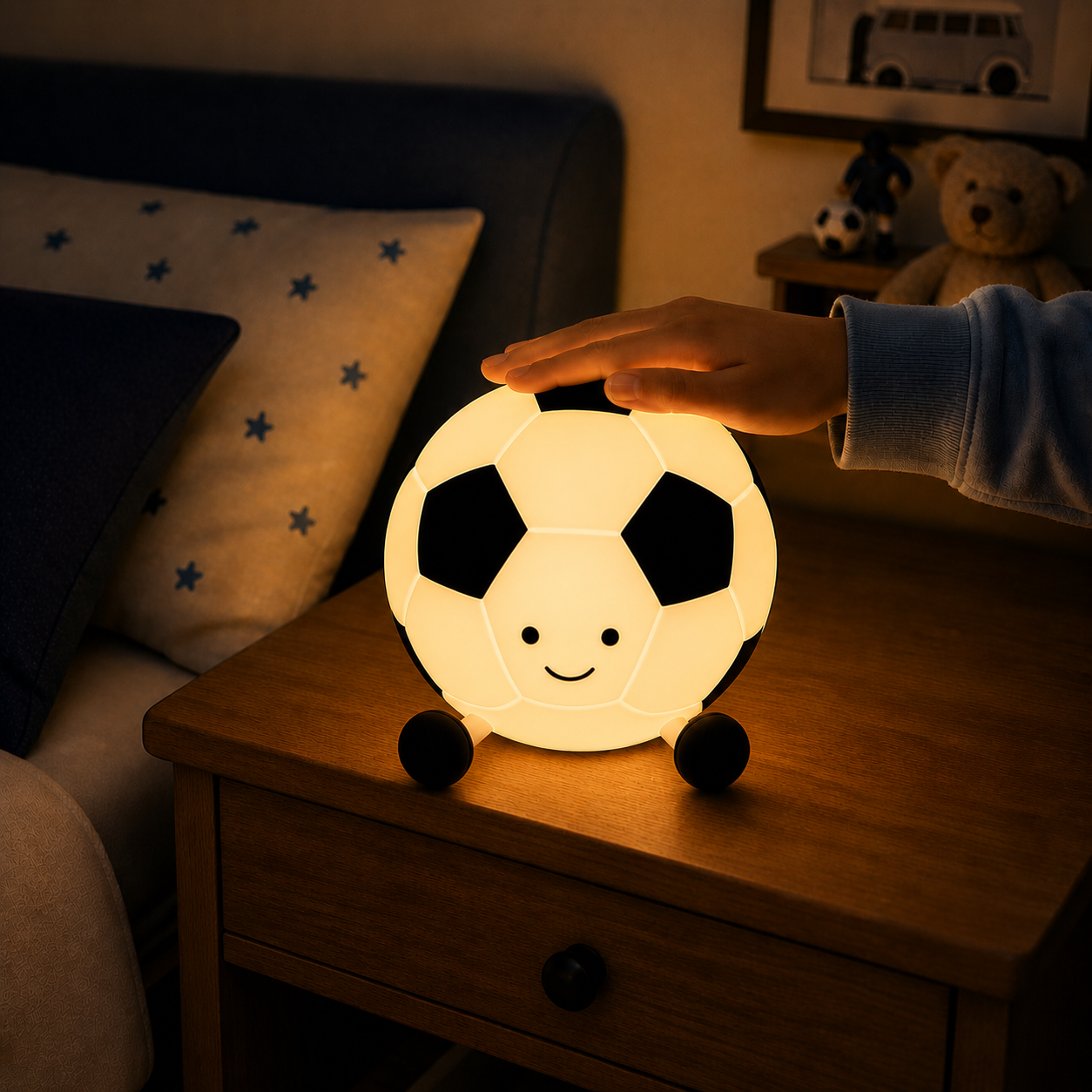 Soccer ball-shaped night light on a wooden table with a hand turning it on.