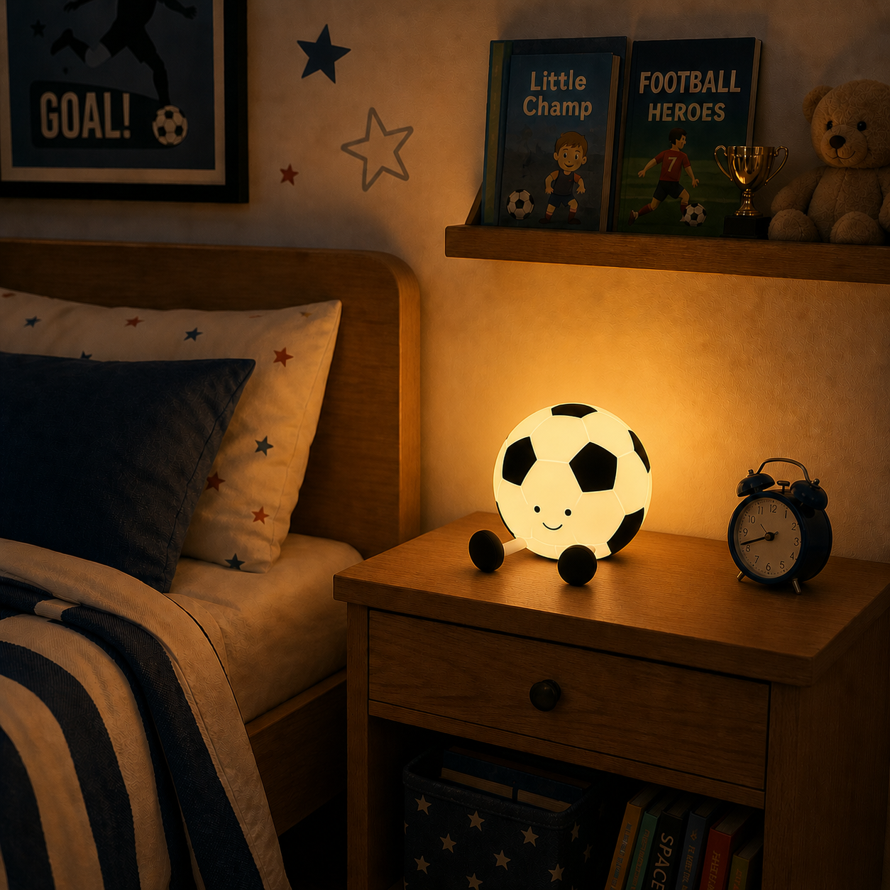 Children's bedroom with a nightstand featuring a soccer-themed lamp and clock, surrounded by books and a teddy bear.
