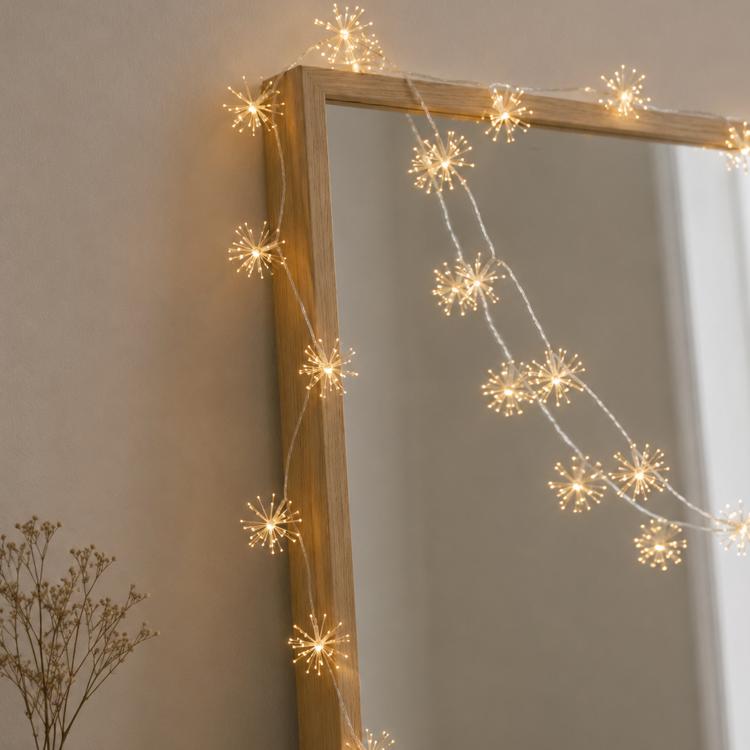 String lights draped over a mirror on a wall with a vase of flowers on a surface.