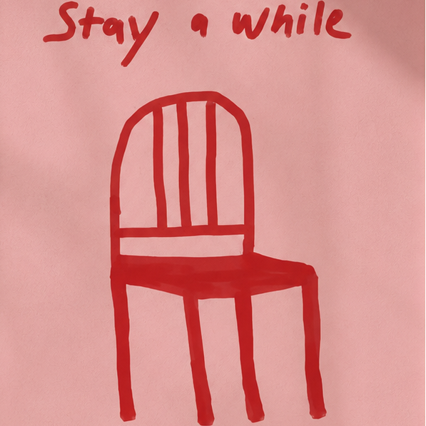 Framed artwork with a red chair illustration and 'Stay a while' text on a pink background