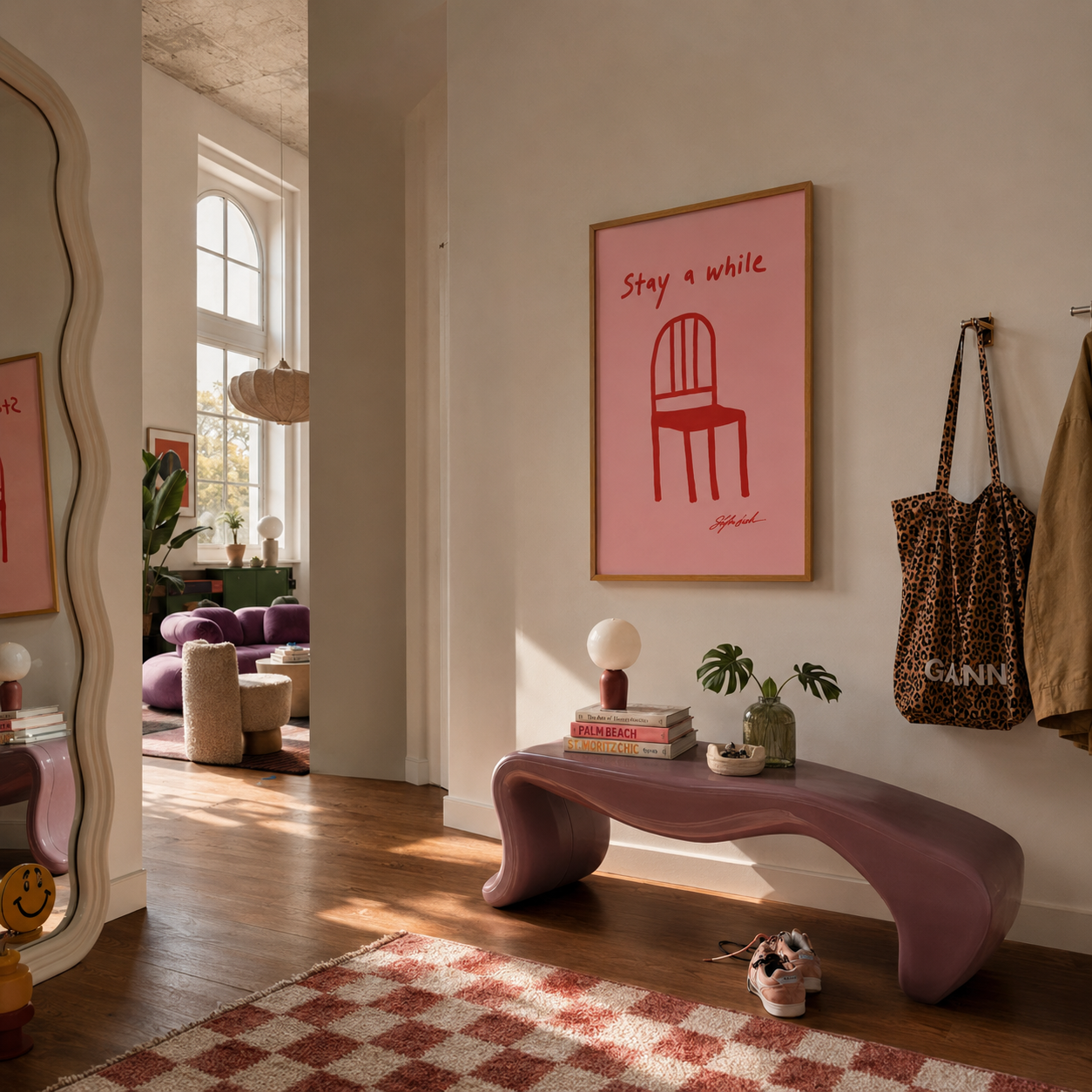 Beautiful poster in pink in a nice retro entrance way.