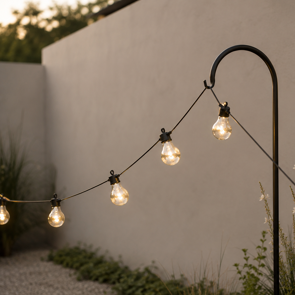 String of outdoor lights hanging from a pole against a neutral wall.