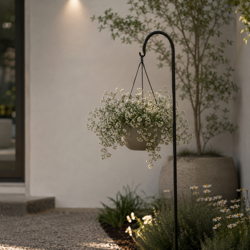 Hanging flower basket on a stand in a garden setting with a building in the background