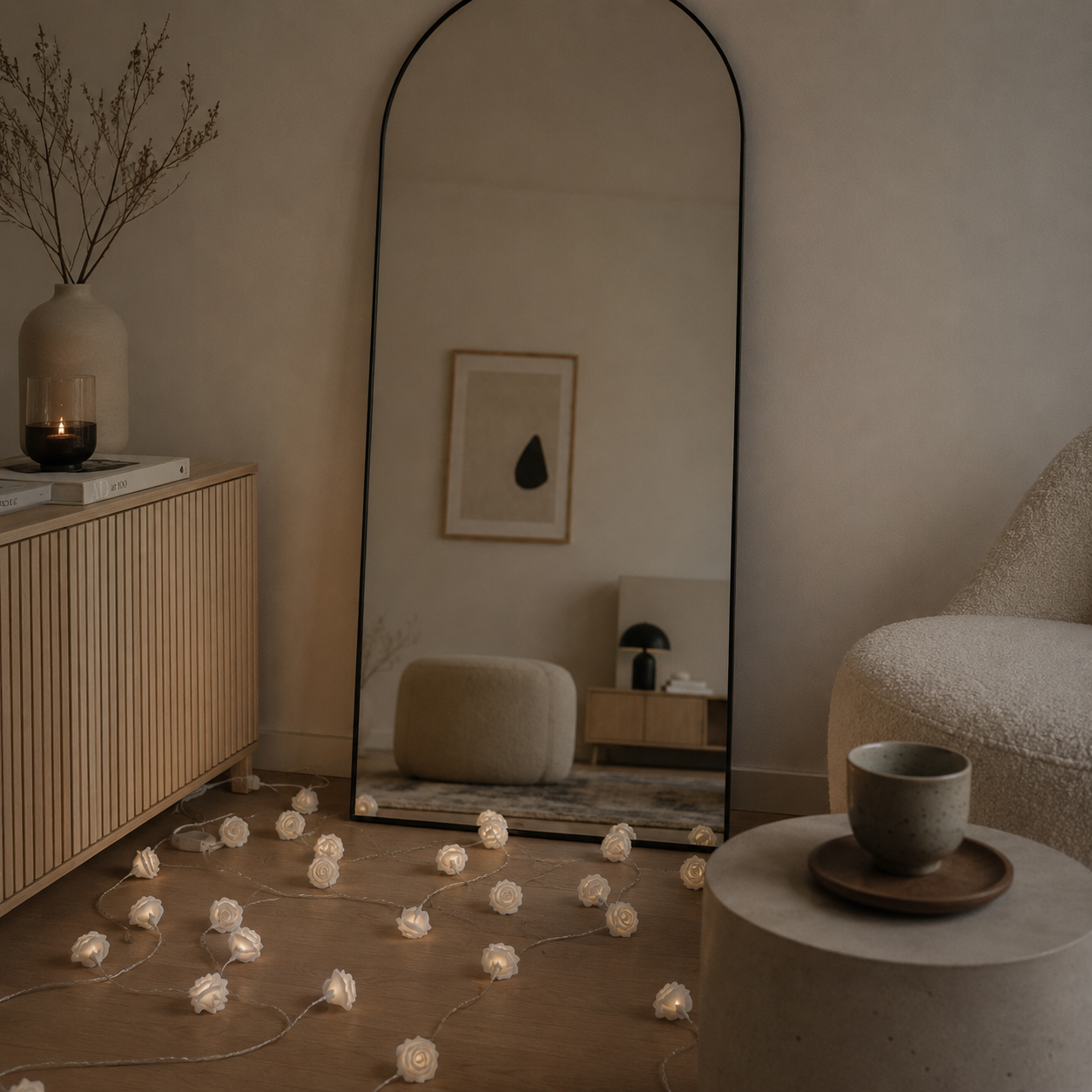 Modern interior with a tall mirror, light-colored furniture, and decorative string lights on a wooden floor.