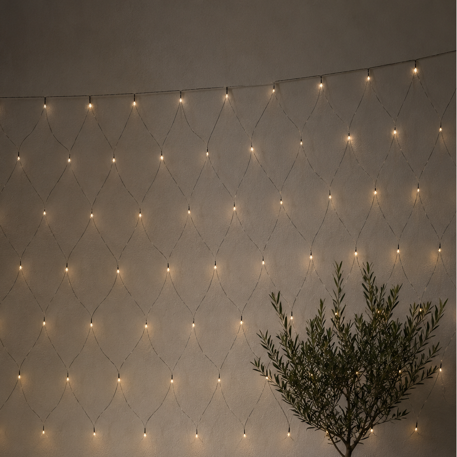 String lights arranged in a diamond pattern on a wall with two potted plants in the foreground.