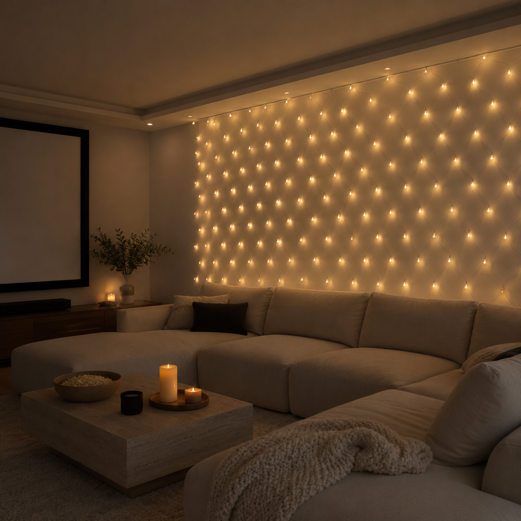 Cozy living room with string lights on the wall, candles on a coffee table, and a beige sectional sofa.